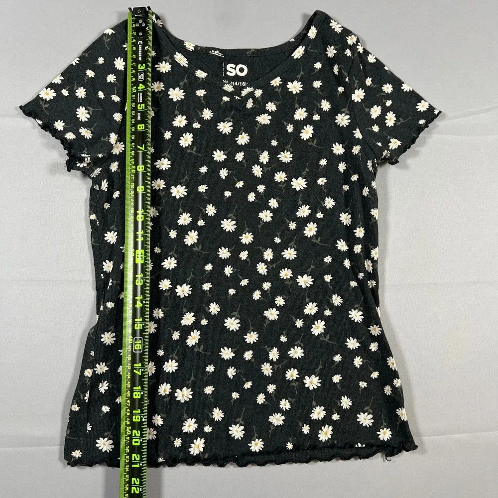 SO 2 Piece Top & Shorts Set Girls 14/16 Black Blue Denim Floral Cotton Stretch
